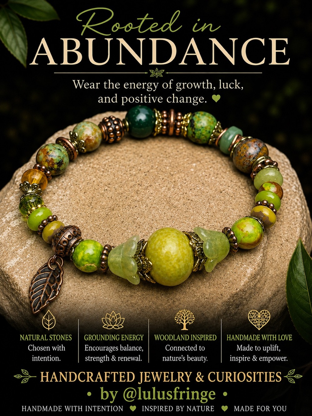 Artisan Stretch Gemstone Bracelet | Baltic Amber Moss Agate & Glass Bead Accents